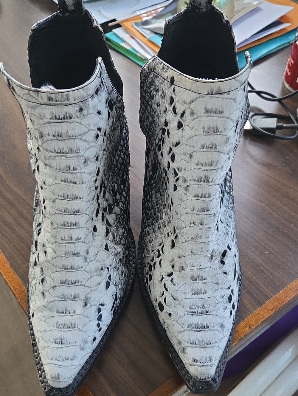 Pointed Snake-Print Ankle Booties in White and Black